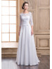 Three Quarter Sleeves White Lace Satin Wedding Dress